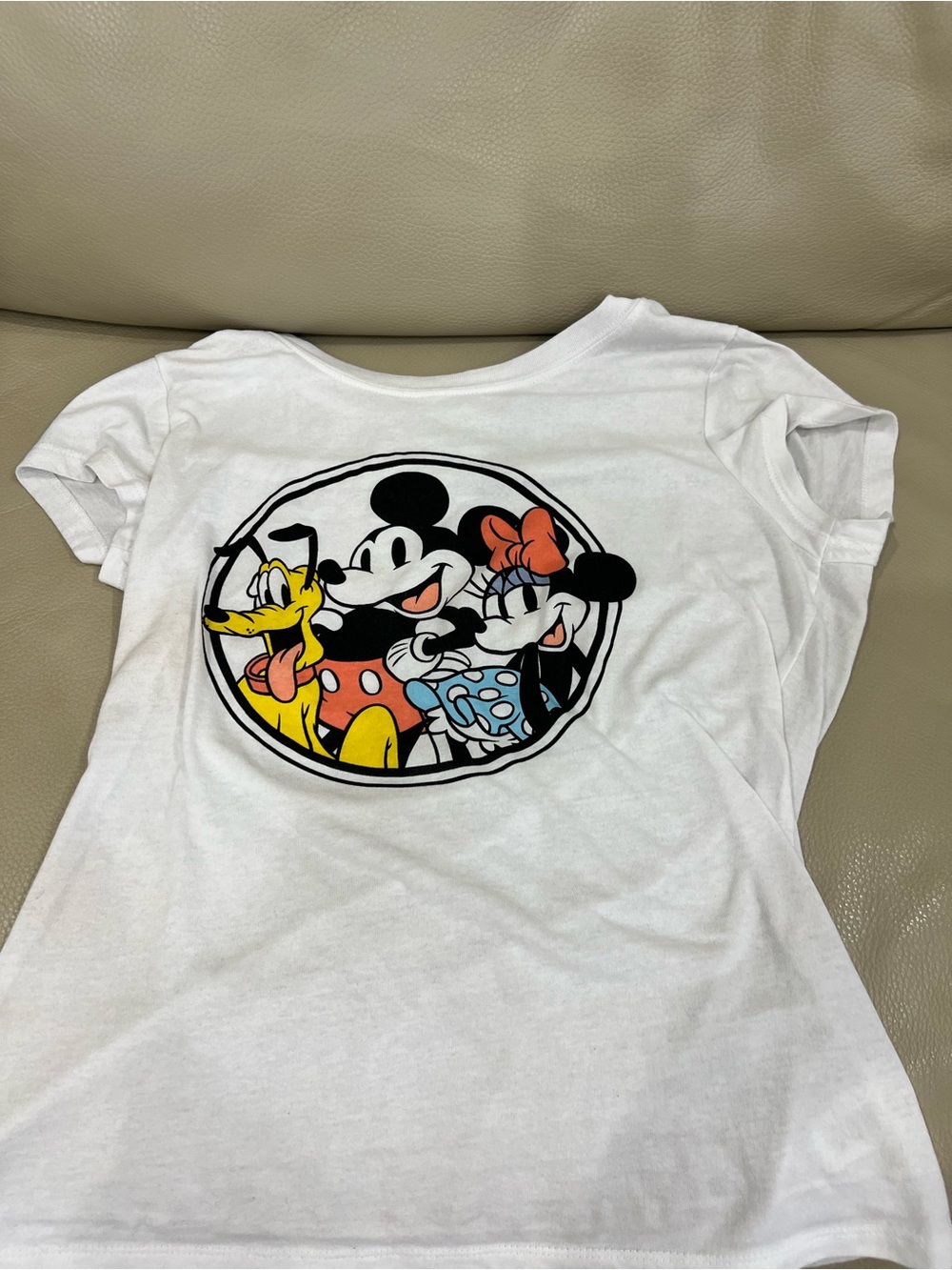 Disney White Graphic Tee with Red, Yellow, Blue Accents